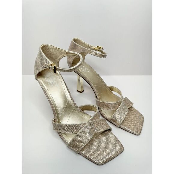Franco Sarto Sandals Size 8 Gold Leather Ankle Strap Square Toe Evening Heels - Picture 2 of 11